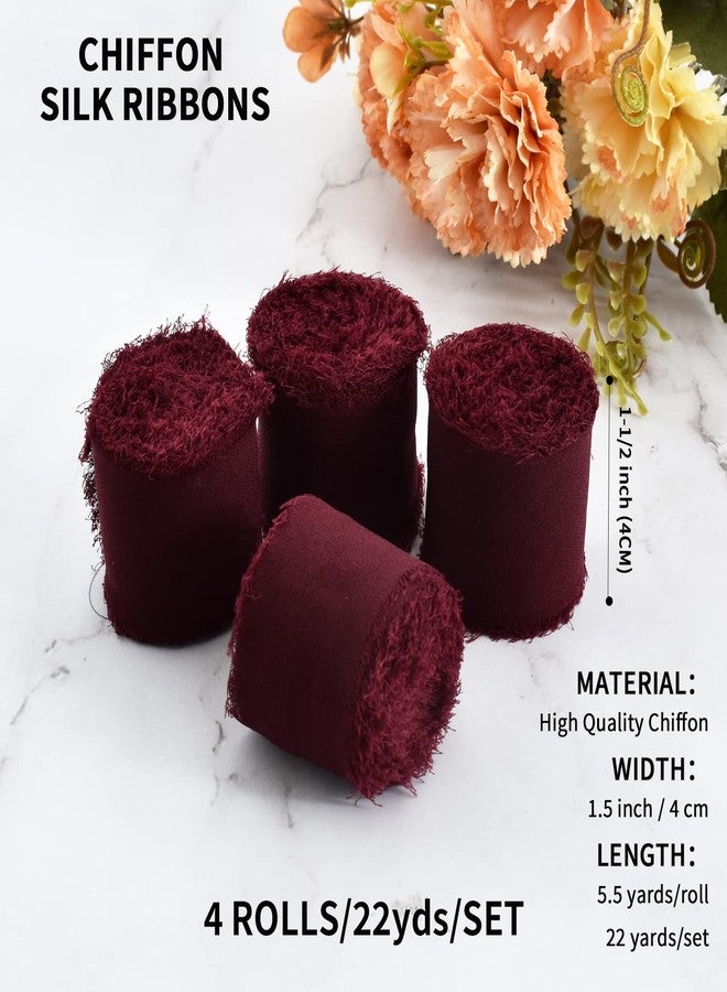 TONIFUL 4 Rolls Silk Chiffon Ribbon, 1-1/2 Inch x 22yds Dark Red Claret Chiffon Ribbons, Handmade Fringe Silk Ribbon for Gift Wrapping Bridal Bouquets Wedding Invitations Valentine Day Decoration - Image 2